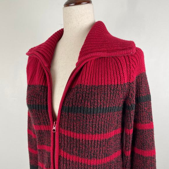 90s Vintage Carolyn Taylor Chunky Full Zip Cardigan Sweater Striped Red Black S - Picture 5 of 16